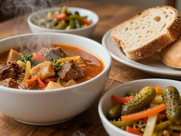 Mâncare tradițională românească pe o masă de lemn.