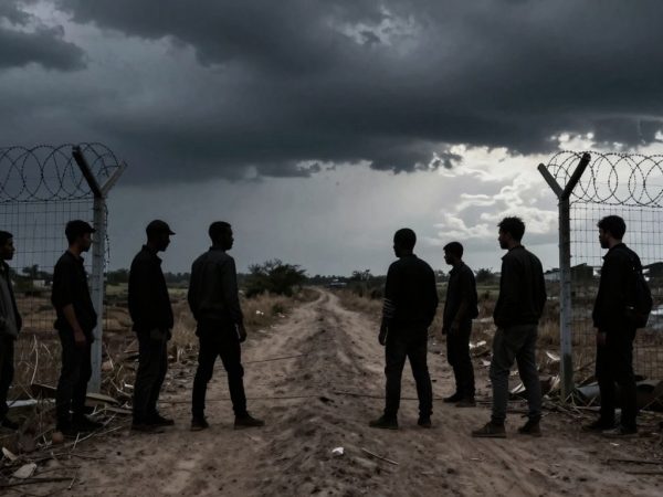 Tensiuni la graniță, graniță divizată, figuri siluetate, cer furtunos.