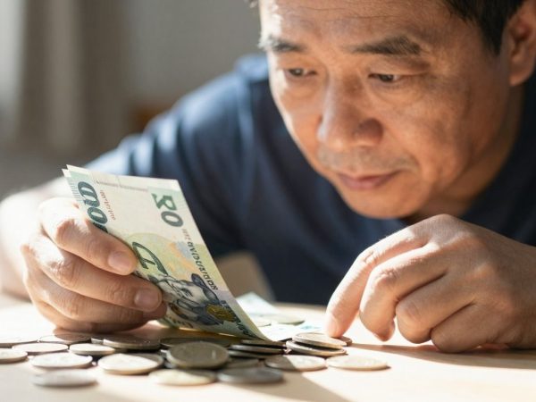 Persoană matură analizând bani și monede.