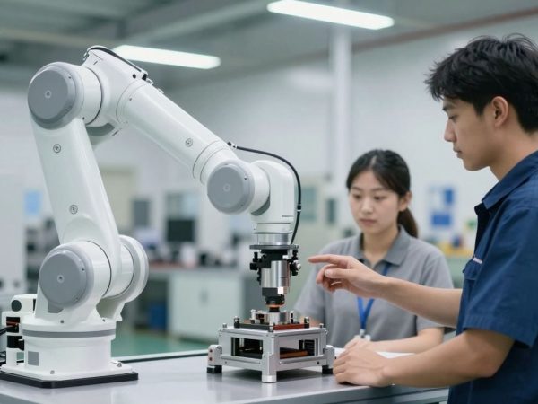 Roboți colaborativi lucrând alături de oameni în fabrică.