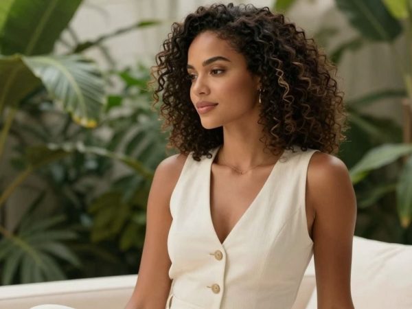 Femeie elegantă într-un peisaj natural luxos.