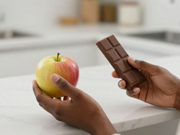 Persoană alegând între fructe și dulciuri.