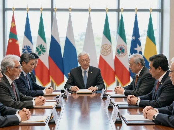 Lideri mondiali discutând la o masă, steaguri naționale.