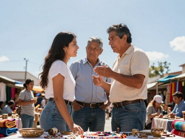 Oameni din culturi diferite interacționând într-o piață vibrantă.