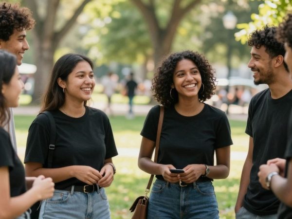 Oameni zâmbind și interacționând într-un parc însorit.