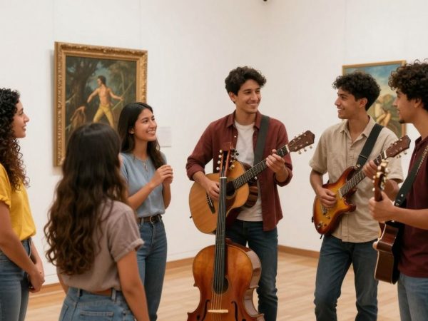 Tineri descoperă artă și muzică într-un muzeu luminos.