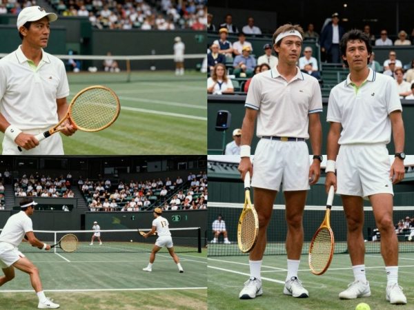 Tenismeni din trecut și prezent pe terenuri diferite.