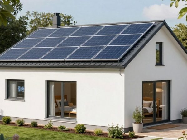 Casă modernă cu panouri solare și ferestre eficiente energetic