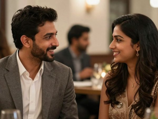 Oameni discutând elegant la un eveniment social.