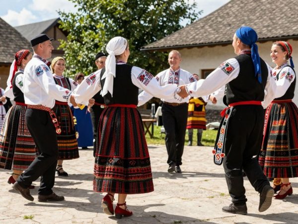 Dansatori în costume tradiționale românești, într-o sărbătoare culturală.