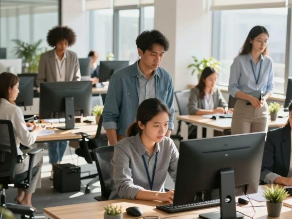 Angajați într-un birou modern, colaborând și lucrând.