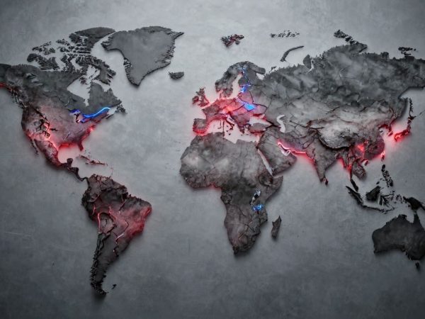 Hartă mondială fracturată de linii roșii și albastre luminoase.