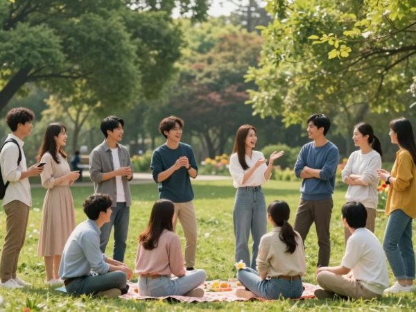 Oameni zâmbind și interacționând într-un parc însorit.