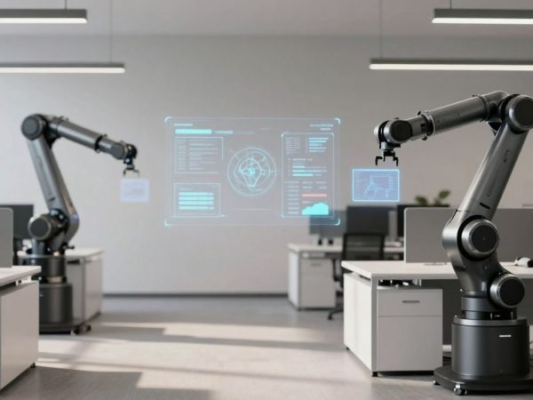 Automatizare digitală în companii, roboți și interfețe moderne.