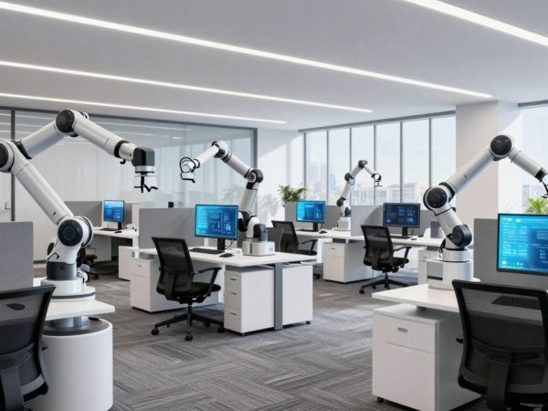 Automatizare digitală în companii, roboți și interfețe moderne.