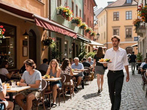 Oameni la o terasă locală, mâncare, clădiri colorate.