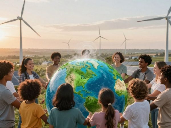 Planeta Pământ înconjurată de oameni și energie curată.