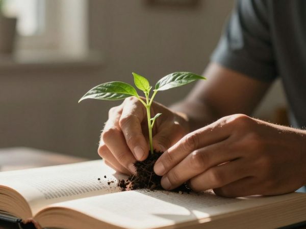 Dezvoltare personală în ritmul propriu, îngrijind o plantă.