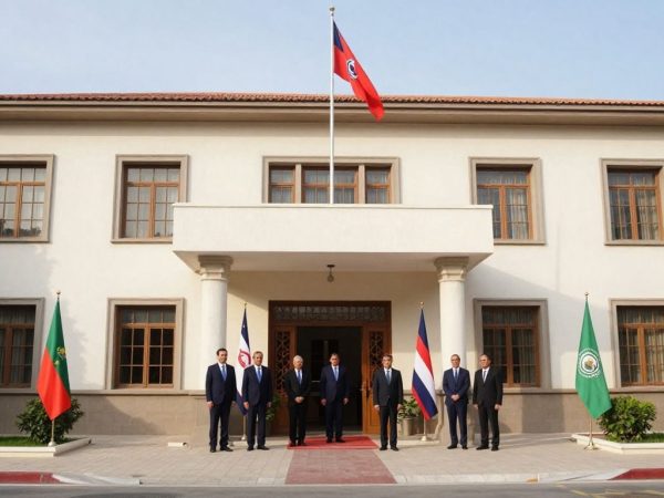 Clădire oficială cu steaguri și diplomați