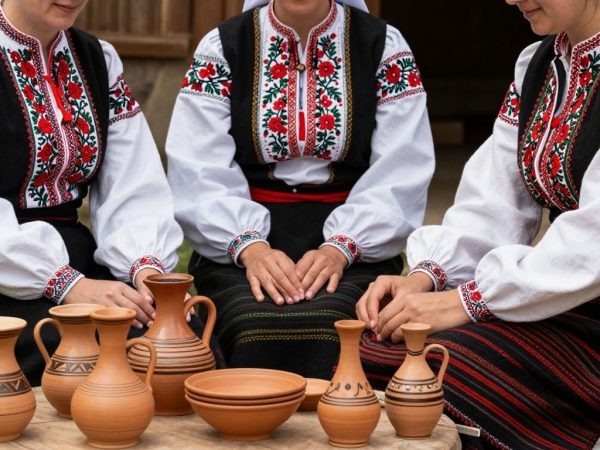 Costume populare românești și obiecte de artizanat tradițional.