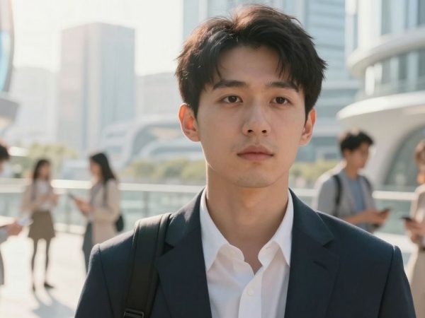 Oameni interacționând într-un peisaj urban futurist.