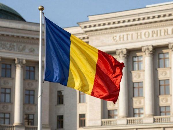 Steagul României în fața clădirilor guvernamentale.