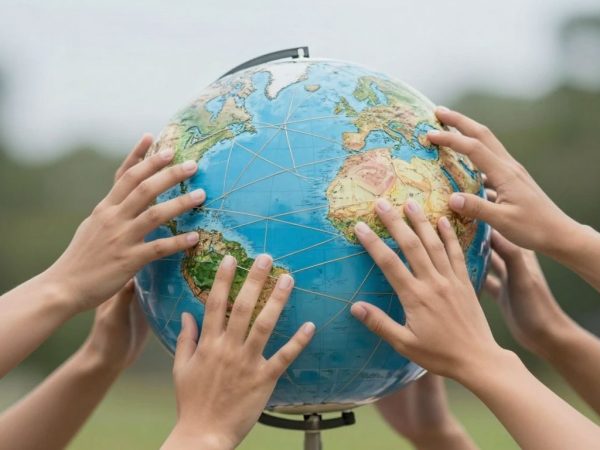 Glob interconectat cu mâini din diverse regiuni.
