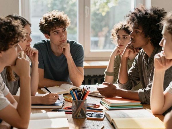 Grup de tineri discutând despre educație culturală și gândire critică.