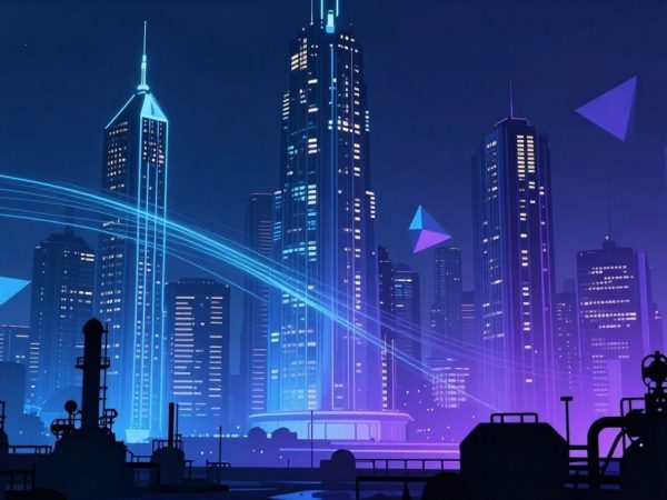 Oraș futurist cu linii digitale conectând clădirile.