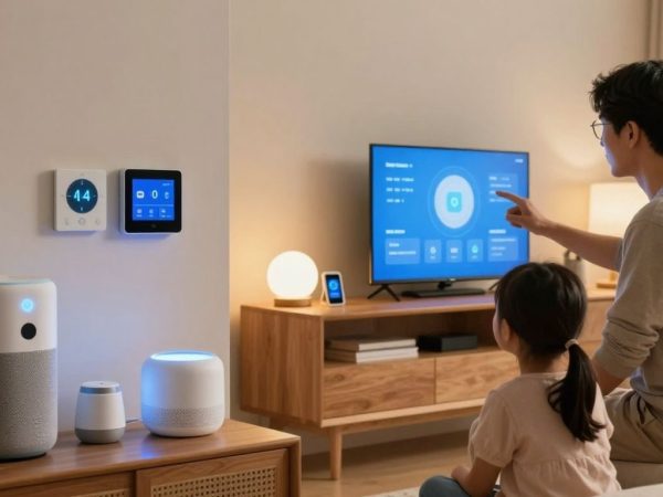 Casă inteligentă cu dispozitive conectate și familie fericită.