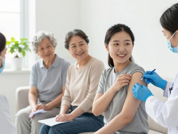 Oameni de toate vârstele primind vaccinuri de la medici.