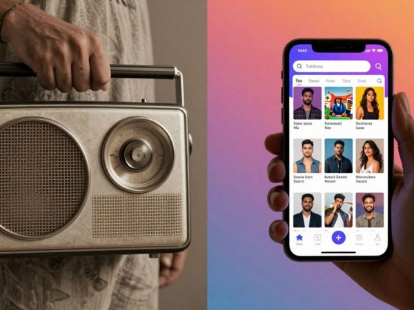 Evoluția consumului media: radio vechi versus smartphone modern.